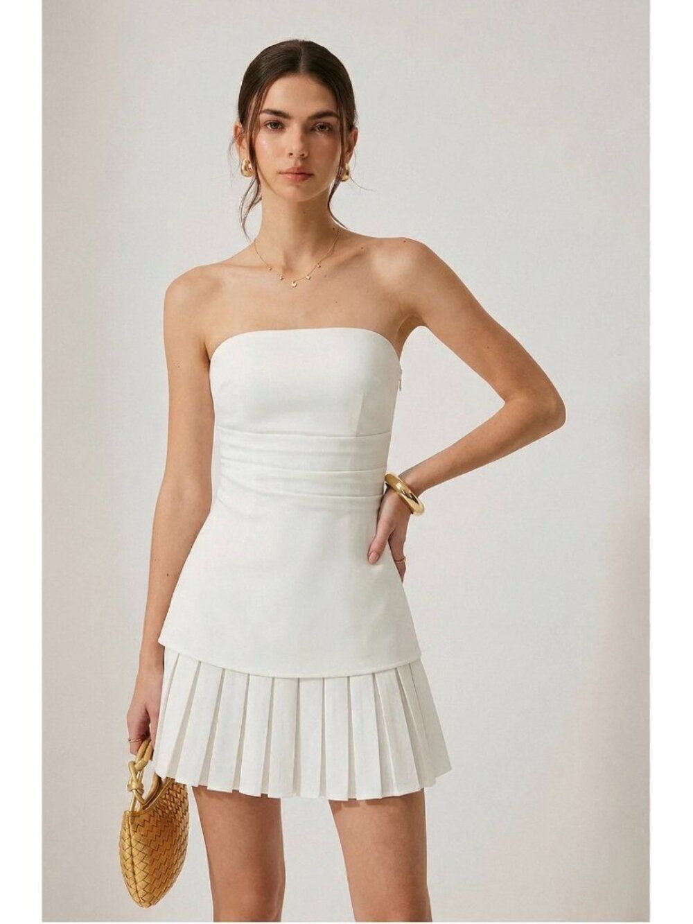 Commense Women's White Strapless Anti-Slip Pleaded Mini Dress Size L
